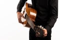 Isolated classical guitar and guitarist`s hands up close on a white background Royalty Free Stock Photo