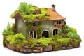 isolated clay house with a green garden on roof