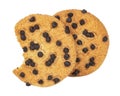 Isolated clipping path of die cut dark chocolate chip cookies piece stack and crumbs on white background of closeup tasty bakery Royalty Free Stock Photo