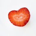 Isolated close up heart shape ripe red strawberry cut in half on a white background. Macro square image about fresh Royalty Free Stock Photo