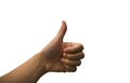 Isolated close-up teen hand show thumbs up on white background.