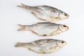 Isolated close up top view shot of three Russian dried salted vobla Caspian Roach fish on a white background