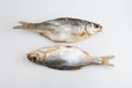 Isolated close up top view shot of two Russian dried salted vobla Caspian Roach fish on a white background Royalty Free Stock Photo