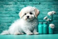 Isolated close-up of white cute puppy fluffy sofa, vintage flower jar, digital art, teal HD background