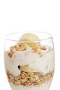 Isolated closeup banana parfait with granola