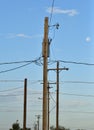 Isolated closeup of electric transformer on pole to signify the aging power grid Royalty Free Stock Photo