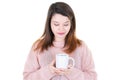 Isolated Closeup of Serious pensive Woman Drinking Coffee tea