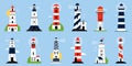 Isolated coastline lighthouses. Flat lighthouse, birds flock, clouds and sun. Sea ocean elements, symbol of freedom and