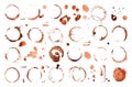 Isolated coffee tea stains on table surface. Cacao or cola drink circle stain, dirty abstract rings and drops. Grunge
