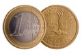Isolated coins of Dollar and Euro currencies Royalty Free Stock Photo