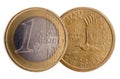 Isolated coins of Dollar and Euro currencies