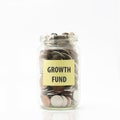 Isolated coins in jar with growth fund label.