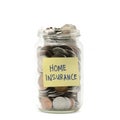 Isolated coins in jar with home insurance label.