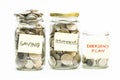 Isolated coins in jar with saving, retirement and emergency plan label