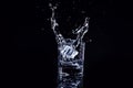 Isolated cold water in a glass with splash and cubes of ice on black background, brandy in a glass Royalty Free Stock Photo