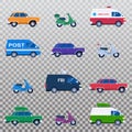 Isolated collection of different cars like ambulance and post minivan