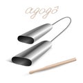 Isolated colored brazilian metal musical instrument agogo with word, stick and shadow on white background. Instrument for capoeira