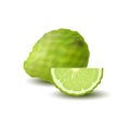 Isolated colored green whole and slice of juicy bergamot, kaffir lime with shadow on white background. Realistic wedge citrus frui Royalty Free Stock Photo