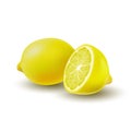 Isolated colored group of lemons, half and whole juicy fruit with shadow on white background. Realistic citrus. Royalty Free Stock Photo