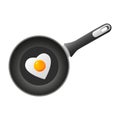 Isolated colored realistic black frying pan with fried eggs heart shape on white background. View from above. Royalty Free Stock Photo