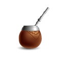 Isolated colored realistic brown calabash for yerba mate, paraguay tea and metal syphon stick bombilla with shadow on white backgr