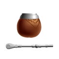 Isolated colored realistic brown calabash for yerba mate, paraguay tea and metal syphon stick bombilla on white background.