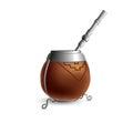 Isolated colored realistic brown calabash for yerba mate, paraguay tea with prop and metal syphon stick bombilla with shadow on wh