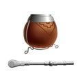 Isolated colored realistic brown calabash for yerba mate, paraguay tea with prop and metal syphon stick bombilla on white backgrou