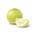 Isolated colored yellow whole and slice of juicy pomelo with shadow on white background. Realistic wedge citrus fruit.