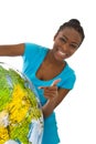 Isolated colored young woman holding a globe in her hands. Royalty Free Stock Photo