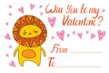 Isolated colorful illustration of bright orange lion cat will you be my Valentine card with hearts