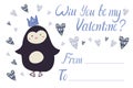 Isolated colorful illustration of cute penguin with crown will you be my Valentine card with hearts