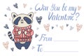 Isolated colorful illustration of cute racoon in sweater will you be my Valentine card with hearts
