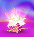 Isolated colorful magic gift box with light effects on bright liquid background. Single giftbox for birthday or winning