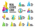 Isolated colorful real estate agency logos set, house logotype collection on white, home concept icons,skyscrapers