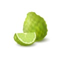 Isolated colorfull green whole and slice of juicy bergamot, kaffir lime with shadow on white background. Realistic wedge citrus fr Royalty Free Stock Photo