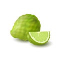 Isolated colorfull green whole and slice of juicy bergamot, kaffir lime with shadow on white background. Realistic wedge citrus fr