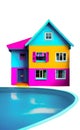 Isolated colourful wall painted house and swimming pool illustration