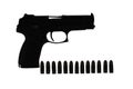 Isolated combat black pistol with cartridges on a white background