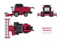 Isolated combine harvester. Side, front and top view of agriculture machinery. Farming vehicle. Industry 3d blueprin