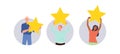 Isolated composition of happy satisfied client, customer or user people character hold rating star