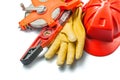 Isolated construction tools red helmet gloves level big measure tape Royalty Free Stock Photo