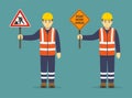 Isolated construction worker holding traffic or road sign. Road work ahead sign.