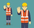 Isolated construction worker makes a stop gesture with his hand. Front view.