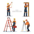 Isolated construction workers. Building industrial scene. Builders use a hand tool. Civil engineers at work. Survey Royalty Free Stock Photo