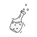 Isolated contour icon of magic potion, oil, chemicals, drink on white background. Cartoon tilted bottle with liquid and bubbles. Royalty Free Stock Photo