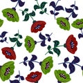 Isolated contrast seamless flora pattern with green and red colored vintage flowers print. White background Royalty Free Stock Photo