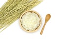 Isolated Cooked Jasmine rice in the wooden bowl with ear of rice on white background Royalty Free Stock Photo