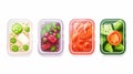 Isolated cooked vegetable and fruit glass pack for picnic cartoon clipart set. Leftovers include salad, dessert, and Royalty Free Stock Photo