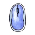 Isolated cordless computer mouse in blue and grey, watercolor illustration on white background
